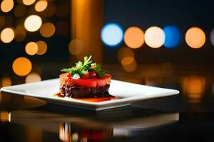 ein Teller mit ein klein Stück von Essen auf Es. KI-generiert foto