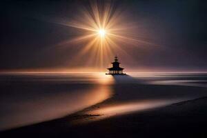 ein Leuchtturm steht auf das Strand beim Nacht. KI-generiert foto