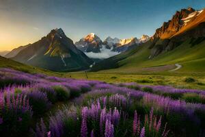 das Sonne steigt an Über das Berge und das Lavendel Felder. KI-generiert foto