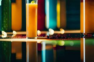 ein Glas von Orange Saft Sitzung auf ein Tisch. KI-generiert foto