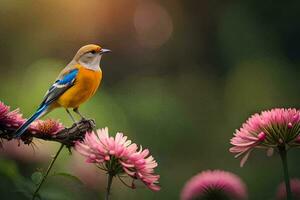 ein Vogel Sitzung auf ein Ast mit Rosa Blumen. KI-generiert foto