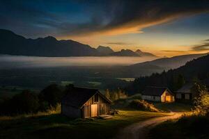 das Sonne steigt an Über das Berge und das Nebel Rollen In. KI-generiert foto