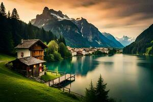 ein See und Berg Dorf mit ein hölzern Haus. KI-generiert foto