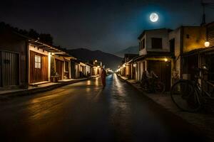 ein Mann Spaziergänge Nieder das Straße beim Nacht mit ein voll Mond im das Hintergrund. KI-generiert foto