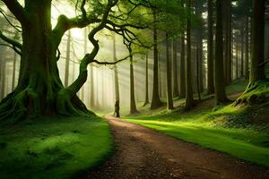 ein Mann Spaziergänge Nieder ein Pfad im ein Wald mit Bäume. KI-generiert foto