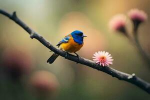 ein Blau und Orange Vogel sitzt auf ein Ast. KI-generiert foto