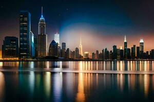 das Stadt Horizont beim Nacht mit Beleuchtung reflektieren im das Wasser. KI-generiert foto