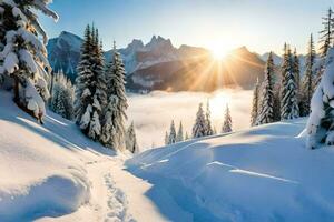 Schnee bedeckt Bäume und das Sonne leuchtenden Über das Berge. KI-generiert foto