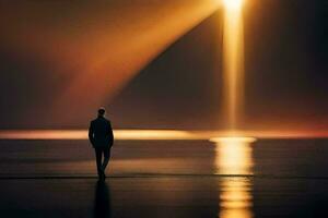 ein Mann Stehen auf das Strand beim Sonnenuntergang. KI-generiert foto