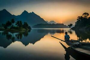 ein Mann sitzt im ein Boot auf ein See beim Sonnenuntergang. KI-generiert foto