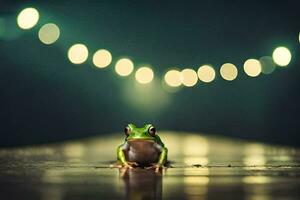 ein Frosch Sitzung auf ein hölzern Fußboden im Vorderseite von ein Licht. KI-generiert foto