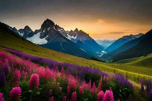 das Sonne steigt an Über das Berge und das Blumen blühen im das Schlucht. KI-generiert foto