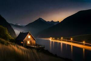 ein Haus sitzt auf das Seite von ein Berg beim Nacht. KI-generiert foto