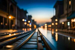 ein Zug Spur im das Mitte von ein Stadt beim Nacht. KI-generiert foto