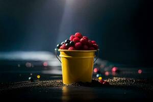 ein Gelb Eimer gefüllt mit Beeren auf ein dunkel Hintergrund. KI-generiert foto