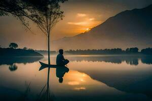 ein Mann Sitzung auf ein Boot im das Mitte von ein See beim Sonnenuntergang. KI-generiert foto