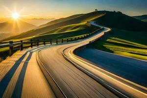 ein Wicklung Straße im das Berge mit das Sonne Einstellung. KI-generiert foto