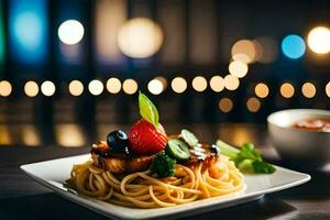 ein Teller von Spaghetti mit Beeren und Tomaten. KI-generiert foto