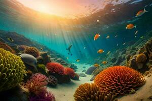 unter Wasser Szene mit bunt Koralle Riffe und Fisch. KI-generiert foto