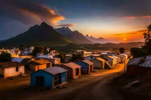 das Sonne setzt Über das Dorf von Karibu, Kenia. KI-generiert foto