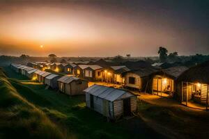 das Sonne setzt Über ein Dorf von Hütten. KI-generiert foto