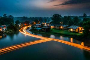 ein lange Exposition Foto von ein Fluss und Häuser beim Nacht. KI-generiert