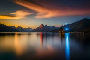 ein schön Sonnenuntergang Über Berge und Wasser. KI-generiert foto