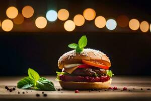 ein Hamburger mit Käse, Grüner Salat und Tomate auf ein hölzern Tisch. KI-generiert foto