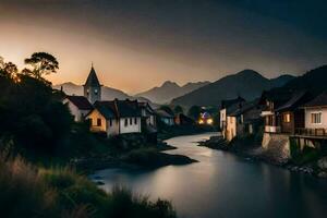 ein Fluss läuft durch ein Dorf beim Sonnenuntergang. KI-generiert foto