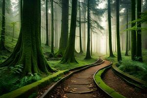 ein Pfad durch das Wald mit Bäume und Nebel. KI-generiert foto