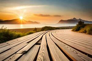 ein hölzern Promenade führt zu das Ozean beim Sonnenuntergang. KI-generiert foto