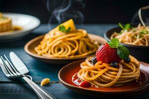 ein Teller von Spaghetti mit Erdbeeren und Beeren. KI-generiert foto