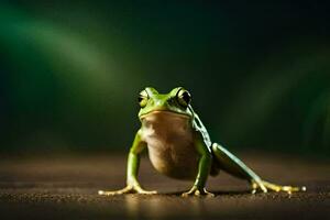 ein Frosch ist Stehen auf ein hölzern Oberfläche. KI-generiert foto