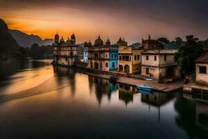 das Sonne setzt Über ein Fluss im Indien. KI-generiert foto