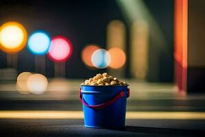 ein Blau Eimer mit Popcorn auf das Straße. KI-generiert foto