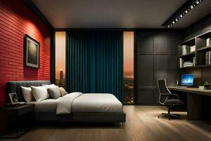 ein Schlafzimmer mit ein rot Backstein Mauer und ein Bett. KI-generiert foto
