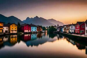 bunt Häuser entlang ein Fluss beim Sonnenuntergang. KI-generiert foto