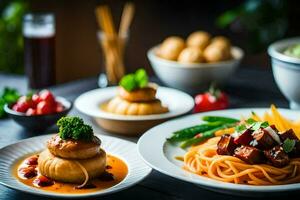 ein Tabelle mit Platten von Essen und Schalen von Gemüse. KI-generiert foto