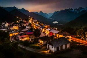 ein Stadt, Dorf im das Berge beim Nacht. KI-generiert foto