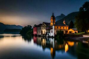 ein Kirche ist reflektiert im das Wasser beim Nacht. KI-generiert foto