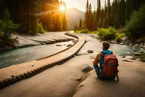 ein Mann mit ein Rucksack Sitzung auf das Seite von ein Fluss. KI-generiert foto