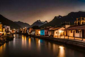 ein Fluss läuft durch ein Stadt, Dorf beim Nacht. KI-generiert foto