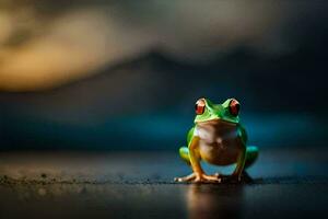 ein Frosch mit rot Augen Sitzung auf das Boden. KI-generiert foto