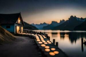 ein Haus auf das Wasser mit Kerzen zündete. KI-generiert foto