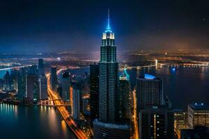 das Stadt Horizont beim Nacht mit Beleuchtung An. KI-generiert foto