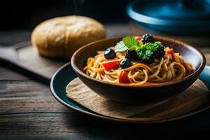 Spaghetti mit Brombeeren und Minze auf ein hölzern Tisch. KI-generiert foto