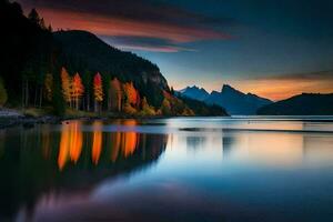 das See ist Ruhe und das Berge sind reflektiert im das Wasser. KI-generiert foto