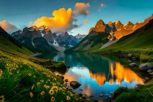 das Berge sind reflektiert im das Wasser beim Sonnenuntergang. KI-generiert foto