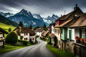 ein Straße im das Alpen mit Häuser und Berge im das Hintergrund. KI-generiert foto