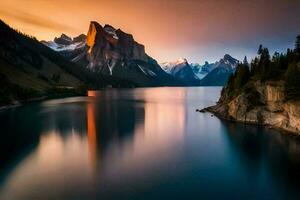 das Berge sind reflektiert im das Wasser beim Sonnenuntergang. KI-generiert foto